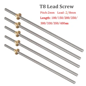 2pcs T8 Lead Screw Trapezoidal Rod Pitch 2mm Lead 2mm/8mm 100/150/200/300/350/400mm T8 Lead Screw Nut Reprap 3D Printer Parts
