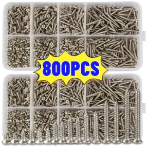 800pcs Self Wood Screws Set, M2 Flat Head Sheet Metal Screw, Self Screws Assortment Kit Lock Nuts Screw Fastener Sets