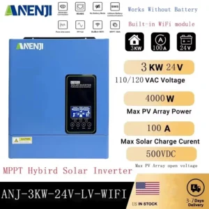 ANENJI Hybrid Solar Inverter 3KW 24V 110V/120V MPPT Pure Sine Wave Off Grid Photovoltaic Inverter with100A Solar Charger PV 500V