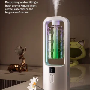 Automatic aromatherapy diffuser for eliminating odors, suitable for household use, with essential oil for air freshening.
