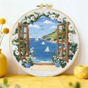 1pc 20X20CM/15X15CM 7.87/6.3inch Embroidery Starter Kit DIY Kit Home Decor, Seaside View, Embroidery Kit