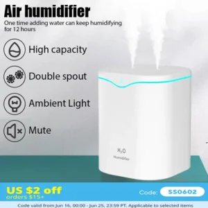 2000ML USB Air Humidifier Double Spray Port Essential Oil Aromatherapy Diffuser Cool Mist Maker Fogger for Home Office