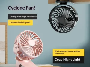 HOMEFISH Portable Rechargeable Clip Fan 720° Rotatable Hanging Fan with Night Light Air Cooler for Outdoor Camping Ventilador