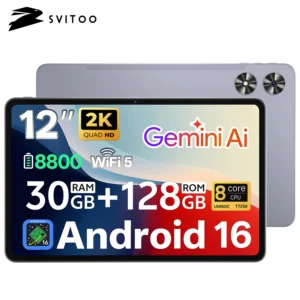SVITOO Tablet 2026 Android 16 12 Inch 2000 x 1200 2K Display IPS Large Screen Unisoc T7250 Octa-Core Processor 6GB Physical RAM + 24GB Virtual RAM 128GB ROM 1TB Expandable 8800mAh Battery 2.4GHz 5GHz Dual Band WiFi 5 Bluetooth 5.0 GPS Widevine L1