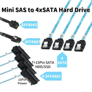0.5M 1M Mini SAS HD SFF-8643 SFF-8087 to SFF-8482 29Pin with 15Pin Power Connector 4xSATA Cable for Hard Drive Controller Server