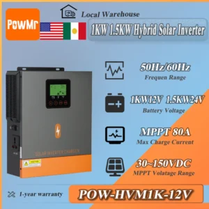 PowMr 1KW 1.5KW Off Grid Hybrid Inverter DC 12V 24V to 230V AC Max PV 150Vdc with 80A MPPT Solar Charge Controlller for PV Home