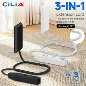 CILIA Flat-Face Outlet Extender with 3 Receptacles, Ultra-Thin Wall Plate Plug with Cord Extender and 3-Outlet Power Strip