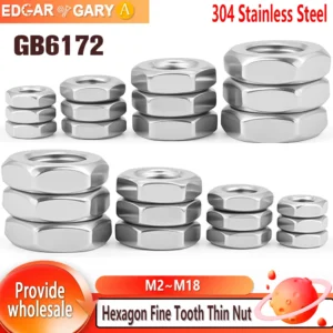 M2 M2.5 M3 M4 M5 M6 M8 M10 M12 M14 M16 M18 GB6172 304 Stainless Steel Hexagon Fine Tooth Thin Nut 2pcs-50pcs Flat Hex Nuts