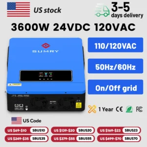SUMRY 3600w Hybrid Pure Sine Wave Inverter 24v Dual Output 120v on/off Grid Solar Inverter 50/60hz Short-circuit Protection