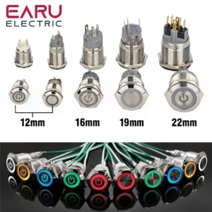12/16/19/22mm Waterproof Metal Push Button Switch LED Light Momentary Latching Car Engine Power Switch 5V 12V 24V 220V Red Blue