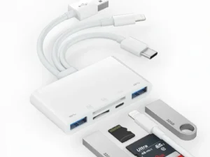 5-in-1 USB OTG adapter with microSD and SD card slots, supports SD/microSD/SDHC/SDXC/MMC iPhone/iPad, USB C and USB A devices.