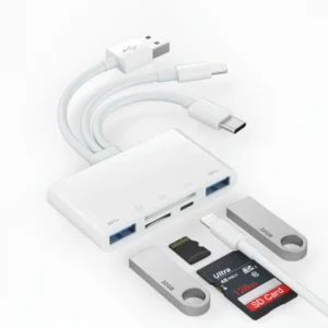 5-in-1 USB OTG adapter with microSD and SD card slots, supports SD/microSD/SDHC/SDXC/MMC iPhone/iPad, USB C and USB A devices.