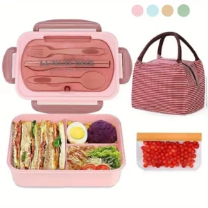 Bento Lunch Box Set With Carry Bag: Microwave-Safe Compartments, Rectangular Container For Adults, School & Office Essentials 