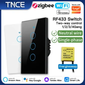 TNCE Tuya US Switch wifi zigbee, 1/2/3/4 gang, No-Neutral/Wire LED light control Wall Button, smart voice with Alexa Google Home