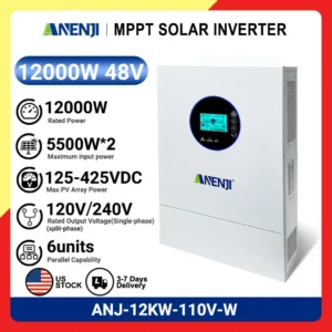 Three phase ANENJI 120/240V 12KW hybrid solar inverter 48/51.2V photovoltaic split inverter, built-in 200A US solar inverter