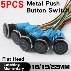 5PCS 16/19/22mm Metal Button Switch Black Shell Flat Head Waterproof LED Momentary Reset Latching Button Switch 12V 24V 220V