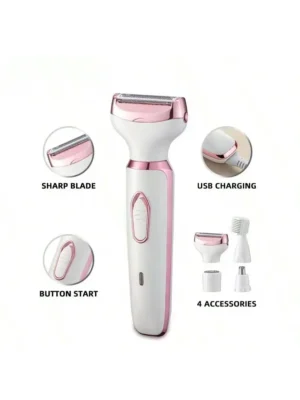 4-in-1 Rechargeable Electric Lady Shaver Set - 500mAh Portable Wet/Dry Trimmer for Face, Nose, Legs & Underarms
