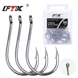 FTK CHINU Fishhook with Ring Barbed 1/0#-5/0#50PCS 1#-7#100PCS Rock Fishing Sea Fishing Hook Black High Carbon Steel Fishhook