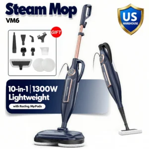 VM6 Steam Mop Cleaner with Rotating Mop Pads 1300W Powerful Floor Steamer 10 in 1 Lightweight Spin Mop High Temperature with Steam Blaster Technology LED Headlights for Home Hardwood Marble Floors