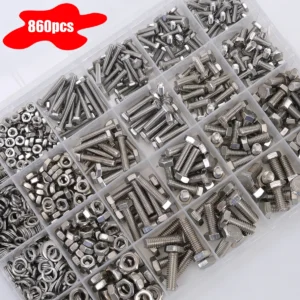 860pcs Stainless Steel Hex Head Bolt Assortment Kit w/Nuts+Washers+Springs - M3-M6 DIN933 Grade 8.8/10.9, A2/A4 Marine Grade