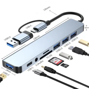 8 in 2 USB +Type C HUB Docking Station with 3.5mm Audio Jack Adapter for Micro SD Card Reader Laptop Tablet Phone Disk Converter