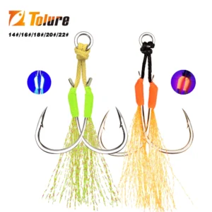 TOLU 10Pcs Metal Jig Tail Assist Hooks 13-22# With PE Line Feather Solid Ring Jigging uv Fishhook for 10-120g Lure Fishing Hooks
