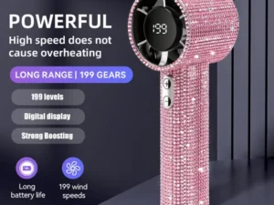 Rhinestone Handheld Fan with Digital Display, Turbo High Speed Portable Mini Fan, Quiet Operation Cooling Fan for Outdoor Travel