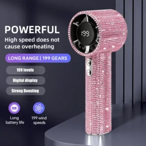 Rhinestone Handheld Fan with Digital Display, Turbo High Speed Portable Mini Fan, Quiet Operation Cooling Fan for Outdoor Travel