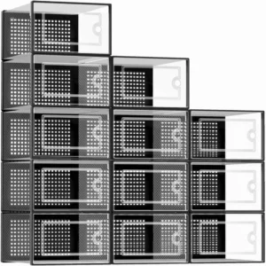 12-Pack Transparent Plastic Stackable Shoe Storage Boxes for Closet Linked Design Sports Shoe Organizers Foldable Shoe Racks