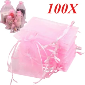 100PCS Organza Bags Random Mesh Organza Jewelry Bags Drawstring, Small Drawstring Favor Pouches Christmas Candy Wedding Birthday