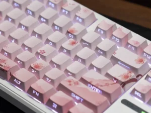 Pink Cherry Blossom Keycap with Side Engraved Translucent PBT 127 Keys Compatible with MX Mechanical Keyboard 61 75 86 104 108
