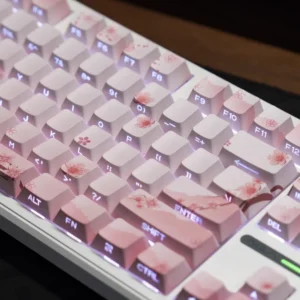Pink Cherry Blossom Keycap with Side Engraved Translucent PBT 127 Keys Compatible with MX Mechanical Keyboard 61 75 86 104 108