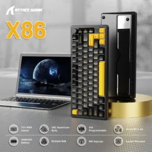 ATTACK SHARK X86 75% Aluminum CNC Wireless Mechanical Gaming Keyboard with Volume Knob,82 Key Gasket Hot Swappable RGB Custom Keyboard,PBT Keycaps,BT/2.4GHz/USB-C for Mac/Win-Starshine Black